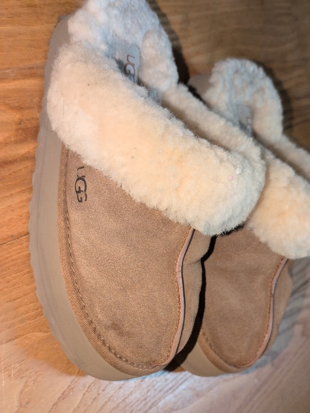 UGG Tan Suede Shearling Clog Slippers